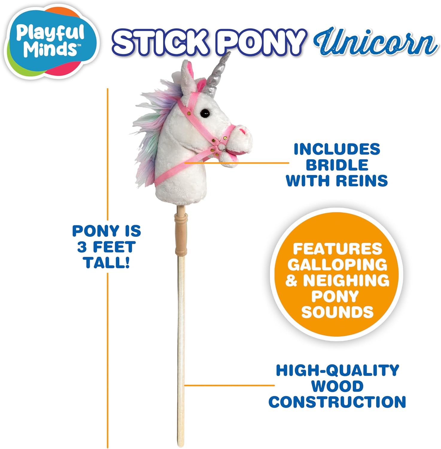 Stick Horse  Plush Handcrafted Hobby Horse Stick Pony Provides Fun Pretend Play for Toddlers  Preschoolers  Handsewn Sturdy Wood and Sound Effects Unicorn