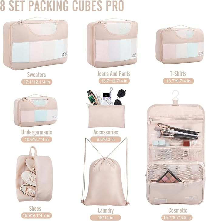 Veken 8 Set Packing Cubes, Gifts for Women Mom Her, Personalized Cruise Ship Travel Essentials Accessories for Beach Vacation, Suitcase Organizer Bags for Luggage with Hanging Toiletry Bag