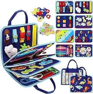 Esjay Toddler Busy Board Montessori Toys Sensory Board Educational Activities for Learning Fine Motor Skills Gifts for Girls Boys Toddlers Travel Toys for Airplane CarBlue Dinosaur